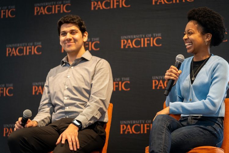 University of the Pacific students and scholarship recipients Salvador Reyes '25 and Elisabeth Garner '25 share the power of philanthropy at the Pacific Gives kick-off luncheon.